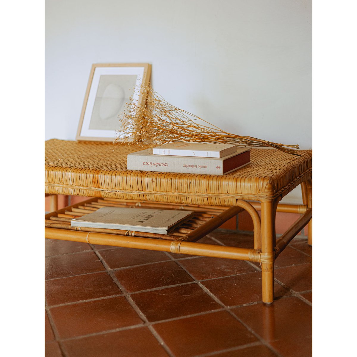 Table basse en osier et surface en cannage Léonie N°1074 - Bon état bois clair, DEBONGOUT