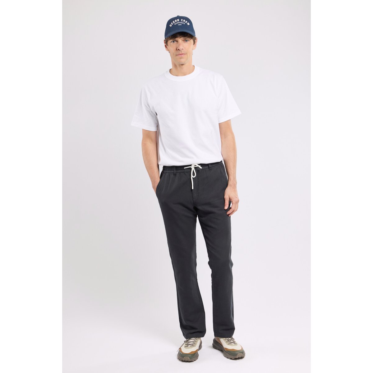 Pantalon taille élastique DOMINO en lin et coton pour homme navy, BERMUDES