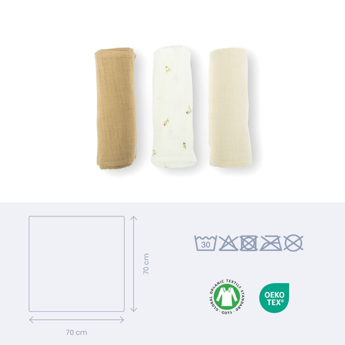 Lot de 3 langes bébé en coton biologique beige, BABYMOOV