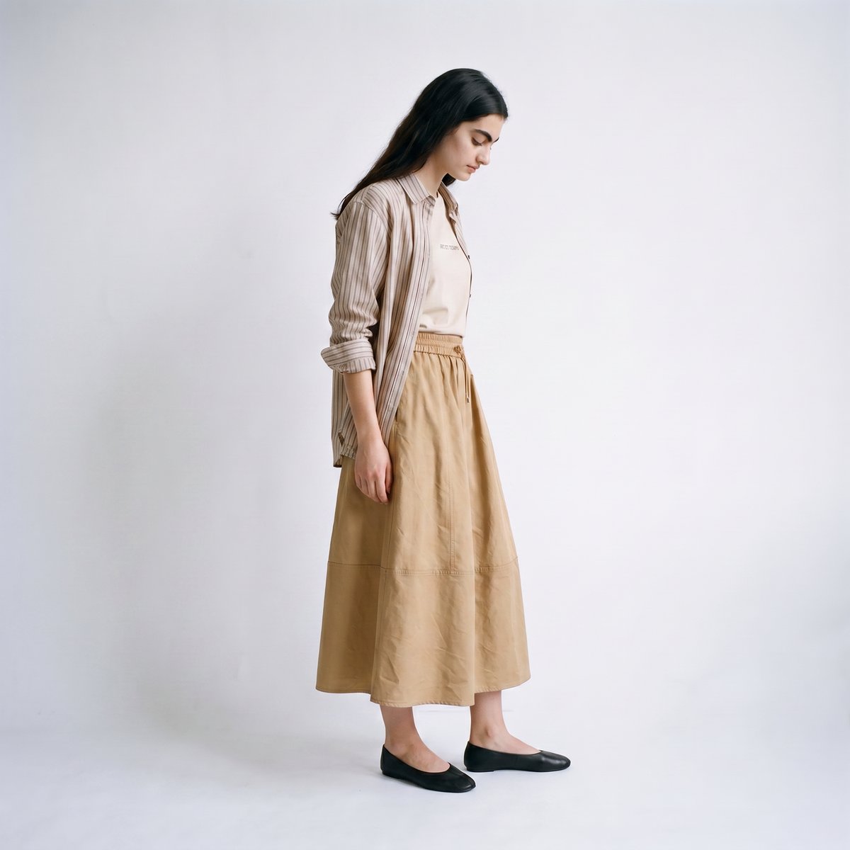 Jupe midi évasée, taille haute élastique CLONA beige, ARTLOVE