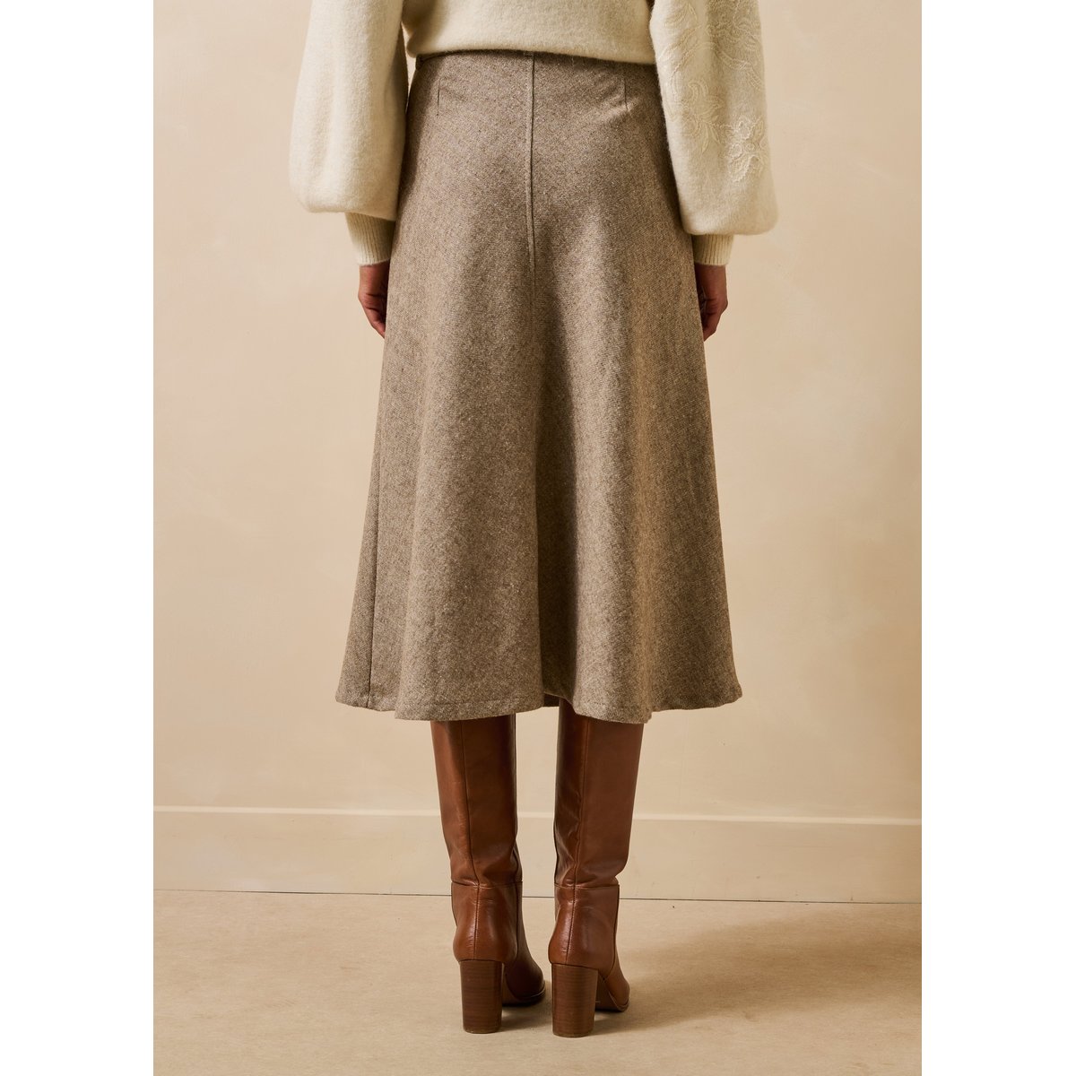 Jupe midi boutonnée en tweed greige, LA FEE MARABOUTEE