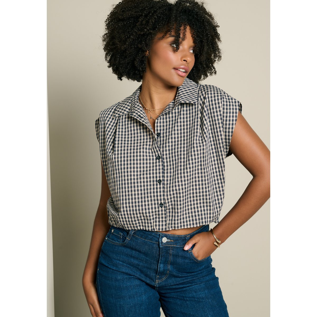 Chemise sans manches effet boule bleu marine, LOLALIZA