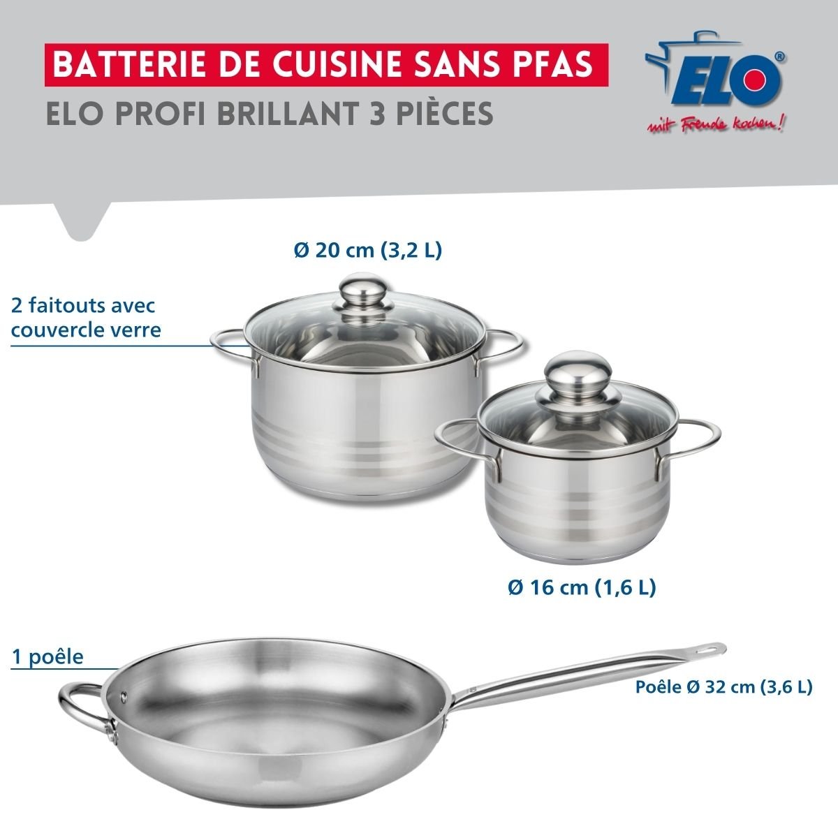 Batterie 1 poêle 32cm + 2 faitouts 16/20cm PROFI BRILLANT gris, ELO