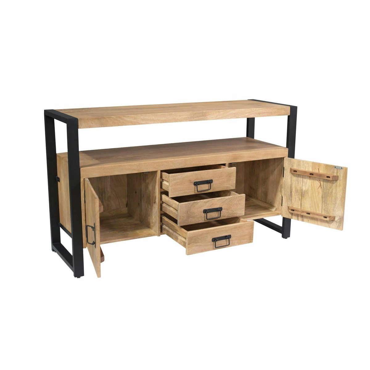 Buffet salon bois clair métal noir 2 portes 3 tiroirs MILORA bois naturel, PIER IMPORT