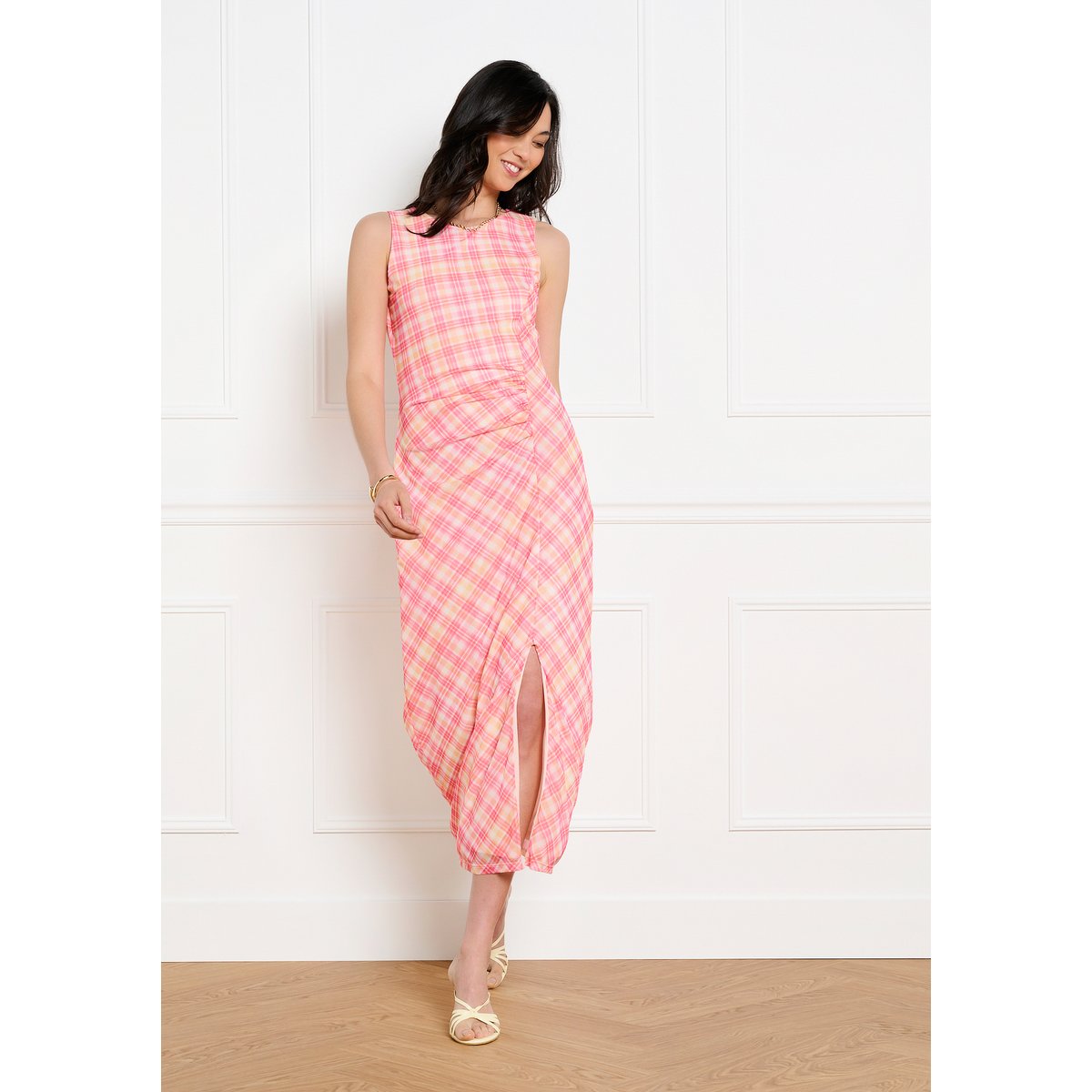 Robe midi en mesh à carreaux orange, LOLALIZA