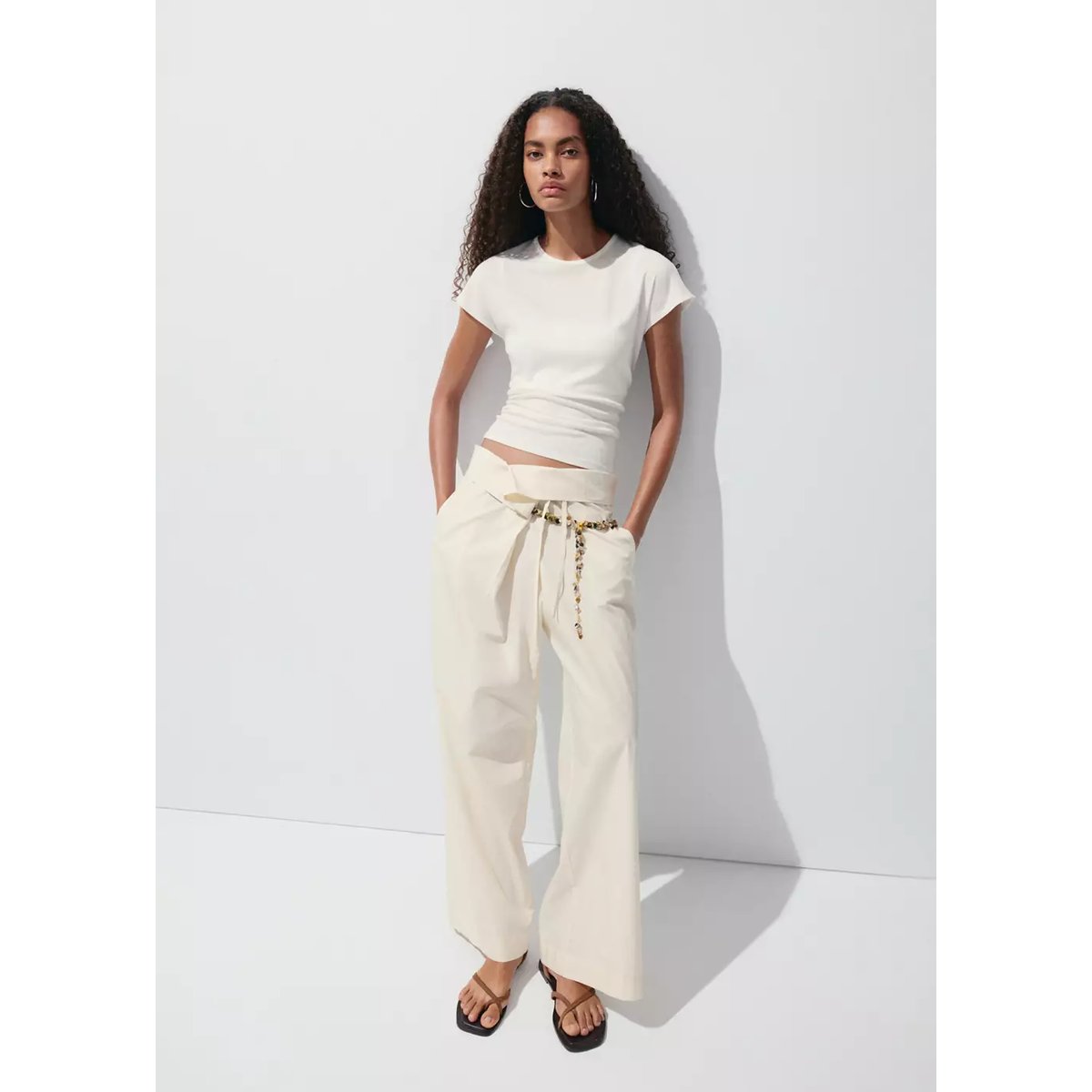 Pantalon droit taille asymétrique écru, MANGO
