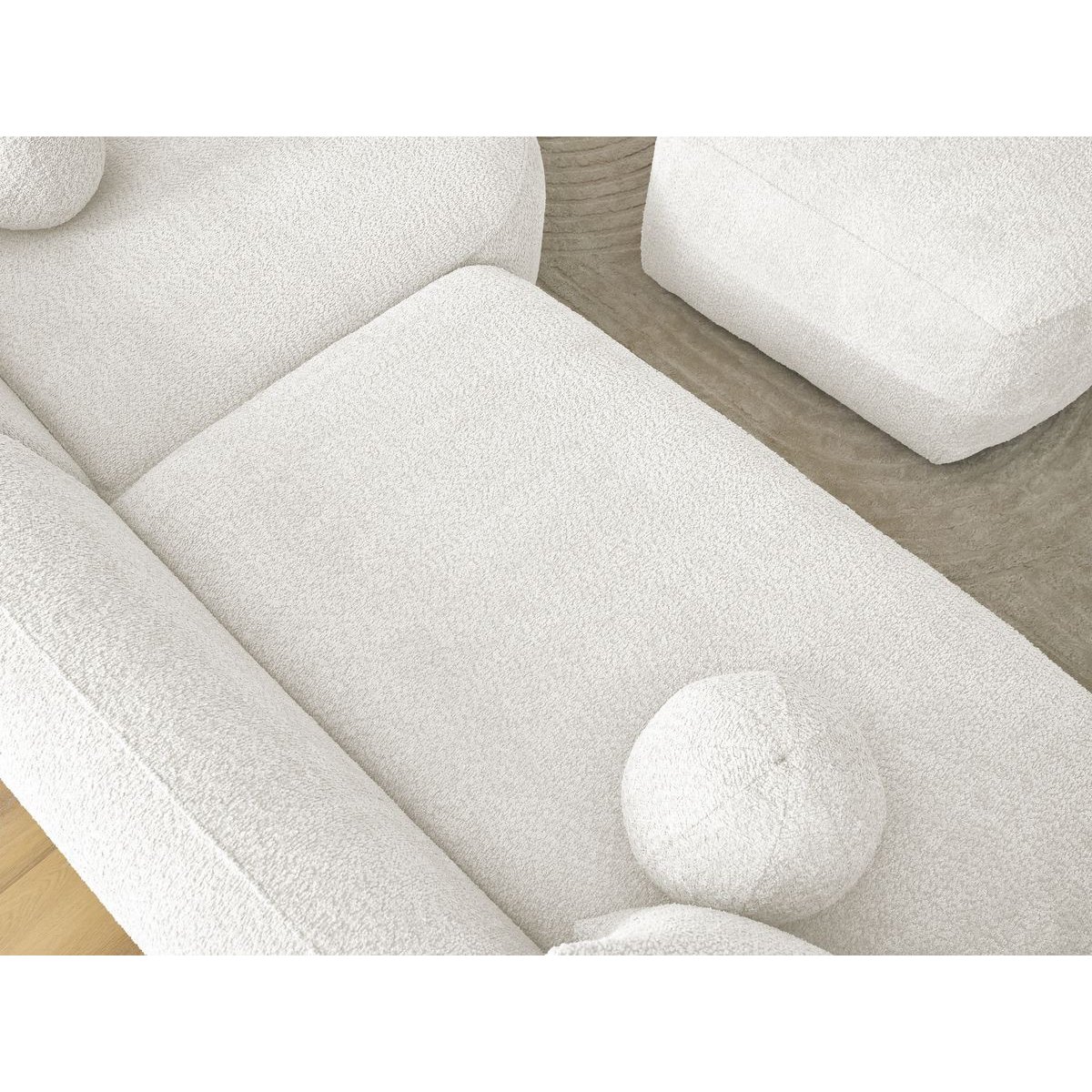 Canapé d'angle fixe 4 places en tissu bouclette avec pouf, ASHLEY blanc, BOBOCHIC