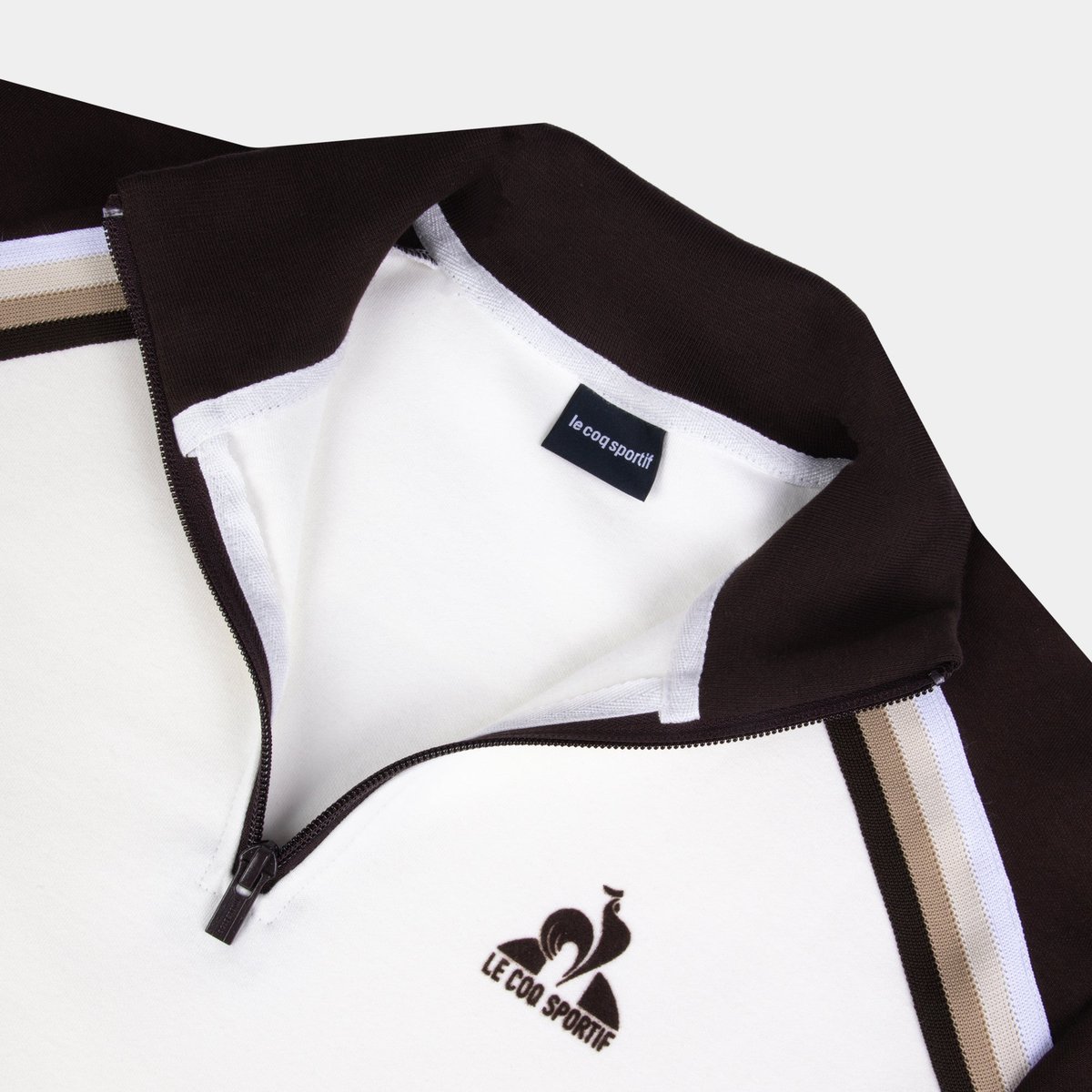 Sweat demi-zippé en double face avec bandes rayées épaules Heritage marron fonce, LE COQ SPORTIF