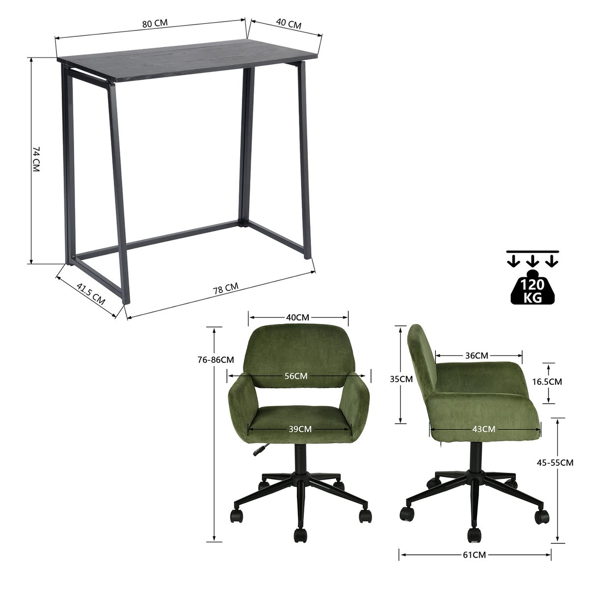 Ensemble de bureau pliable avec chaise de bureau, ASCOLI+ROSS vert noir, MEUBLES COSY