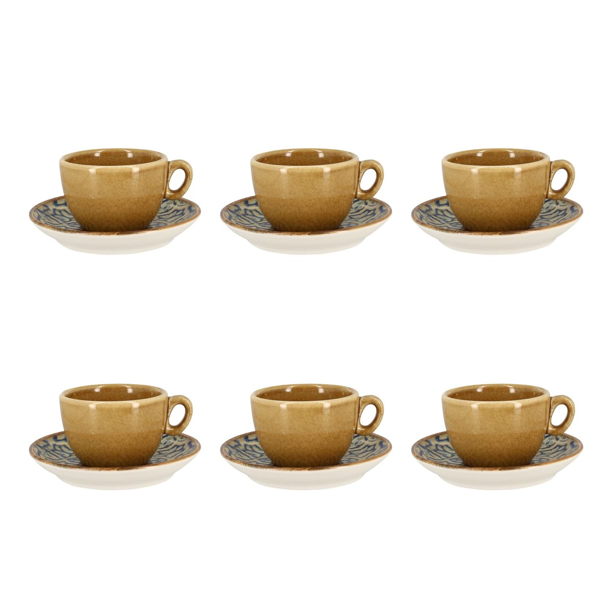 Lot de 6 tasses 16cl avec soucoupes en porcelaine, CALYPSO bleu-jaune, OGO LIVING