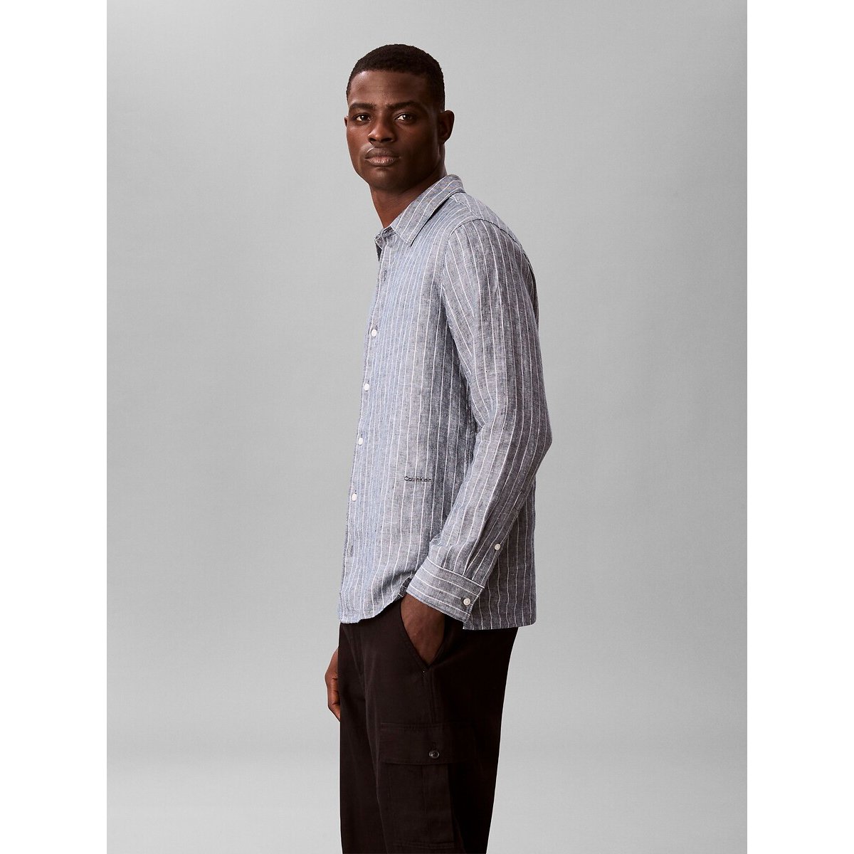 Chemise rayée en lin gris marine, CALVIN KLEIN