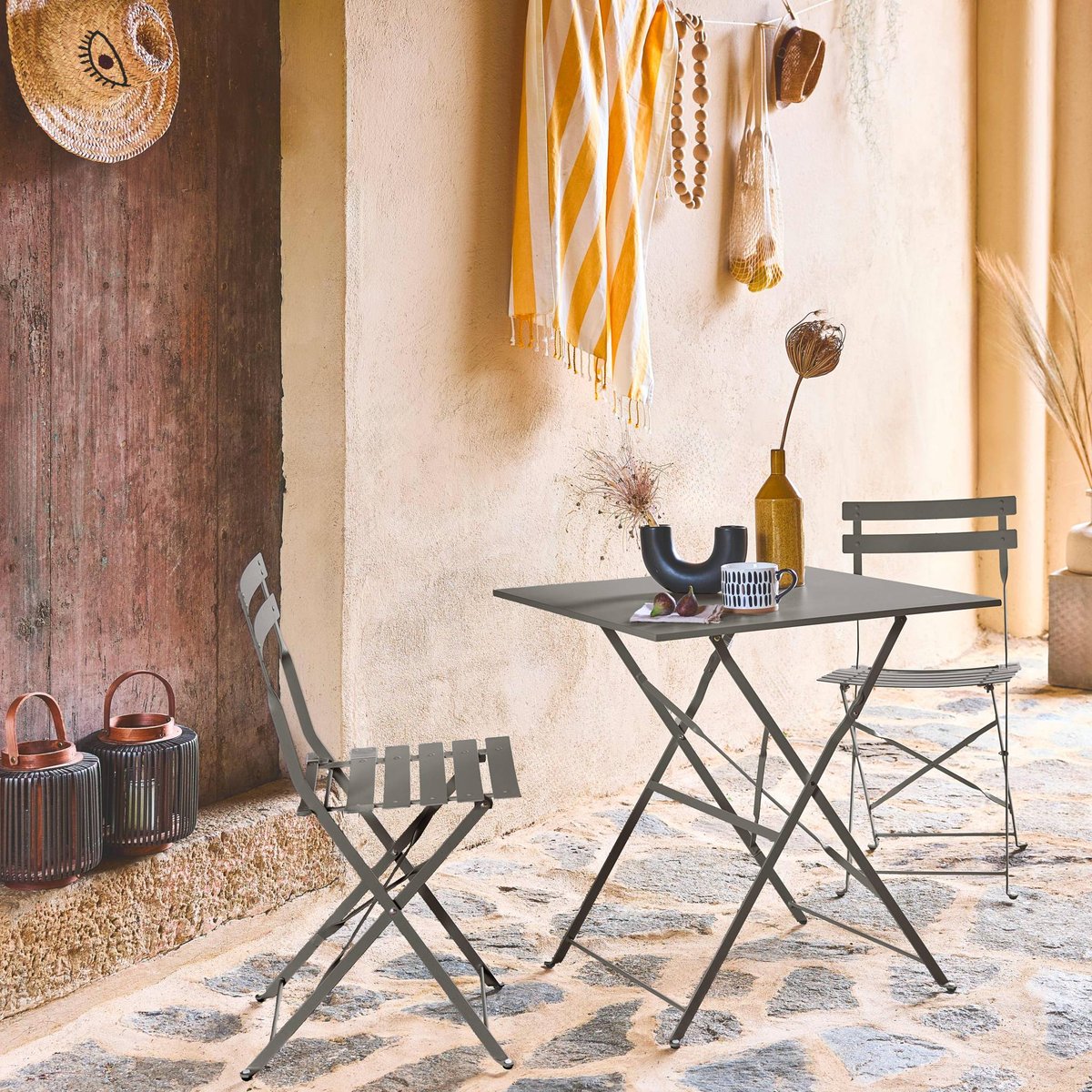 Table de jardin bistrot pliante métal + 2 assises EMILIA vert de gris, SWEEEK