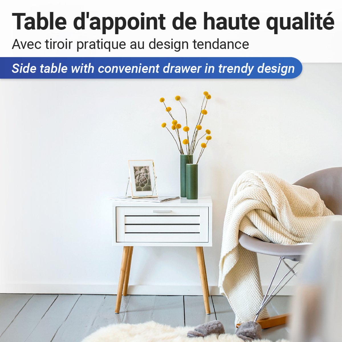 Table d'appoint avec tiroir FINJA blanc et bois, WENKO