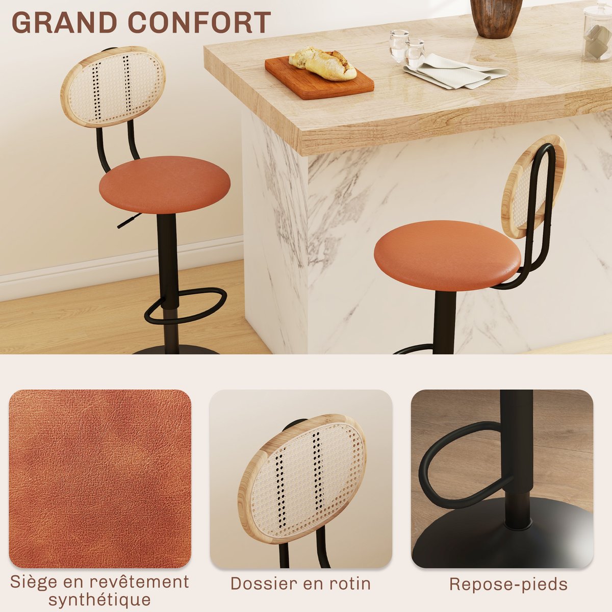 Tabouret de bar Revêtement synthétique Marron marron, noir, HOMCOM