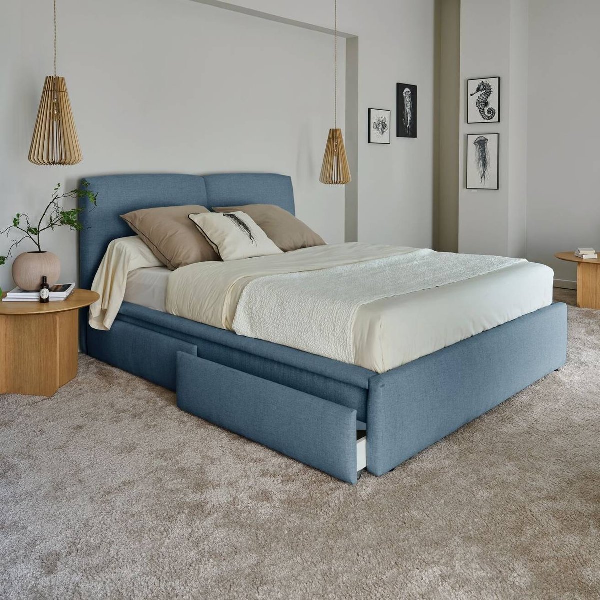 Lit en tissu - PERLINE bleu, CAMIF