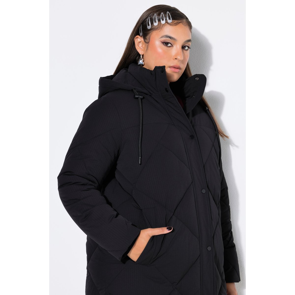 Manteau matelassé long, coupe en O, capuche noir, STUDIO UNTOLD