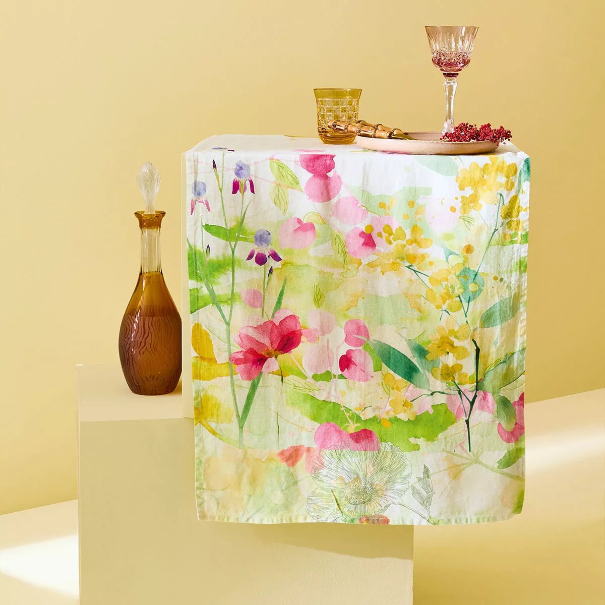 Chemin de table lin & coton lavé SOUFFLE FLEURI printemps, GARNIER THIEBAUT