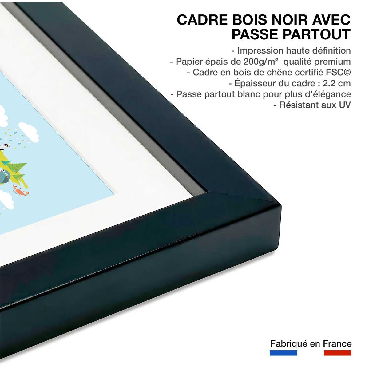 Affiche world map animals affiche + cadre en bois - noir, HEXOA