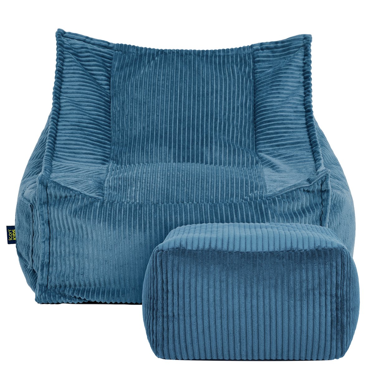 Pouf fauteuil grand enfant avec repose-pied carré en velours côtelé Oeko-Tex® - ALTO bleu jeans, ICON
