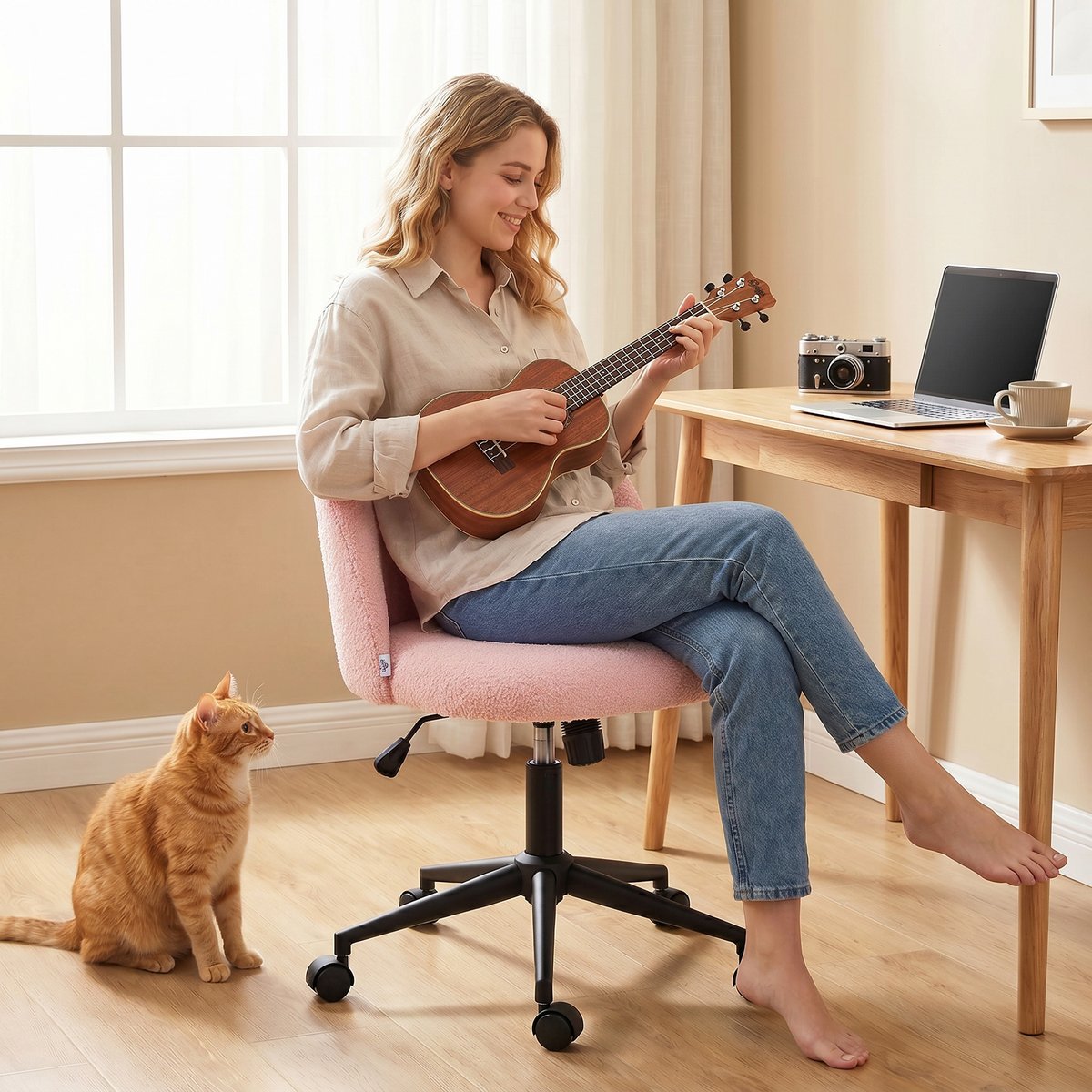Chaise de bureau Polaire Teddy (100% rose, HOMCOM