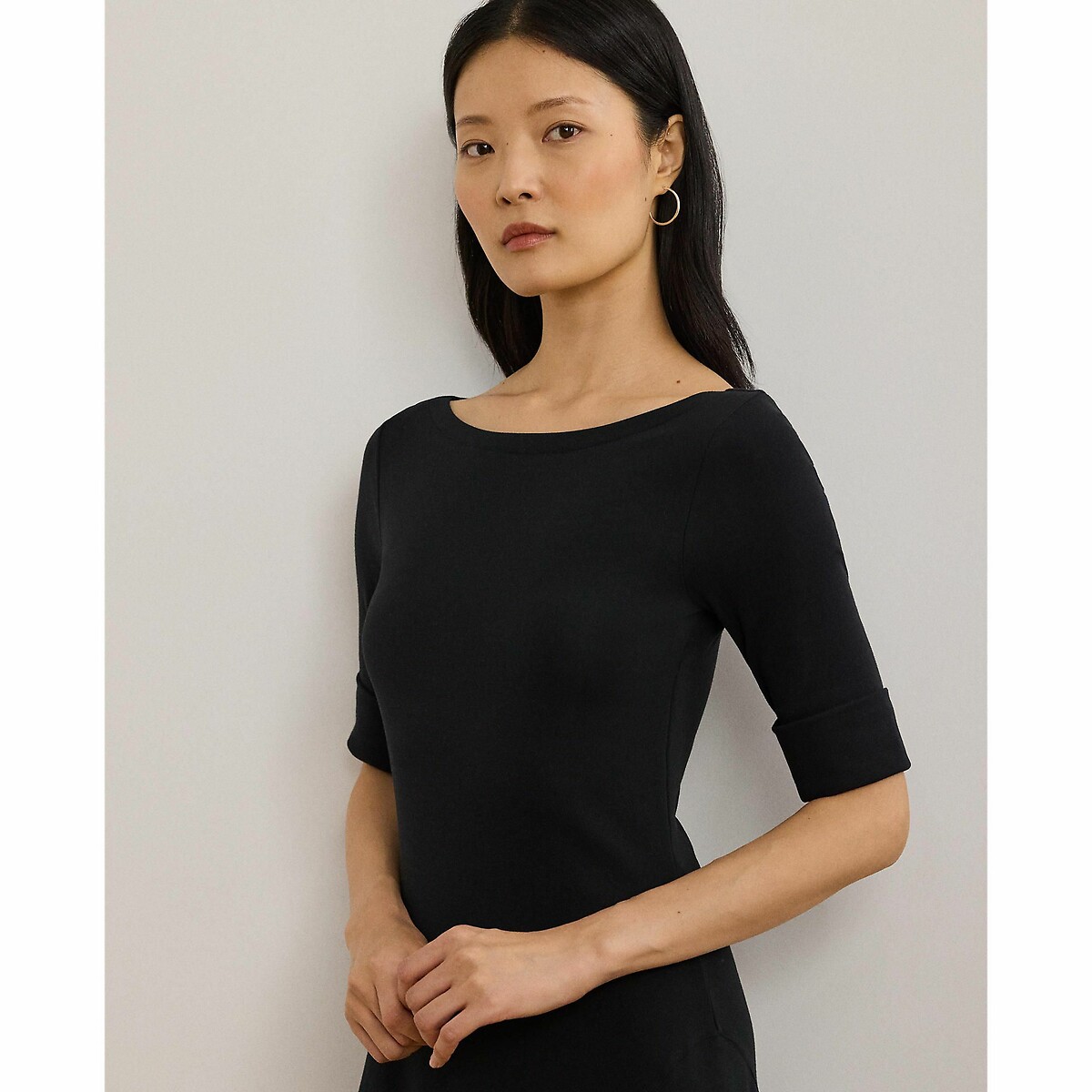 Abito longuette con collo a barchetta e maniche al gomito nero , LAUREN RALPH LAUREN