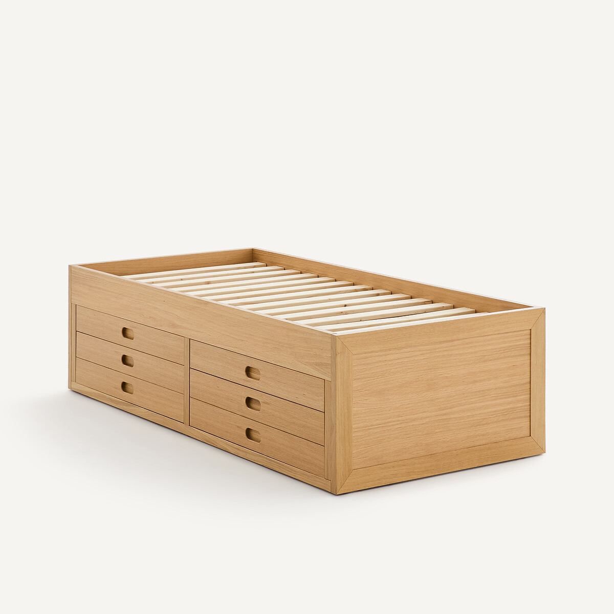 Cama de plataforma com 4 gavetas em folheado de carvalho, OCTAVO carvalho natural, AM.PM