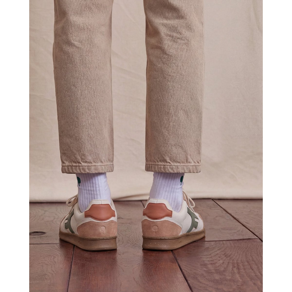 Baskets basses cuir suede HAZEL écru et kaki, FAGUO