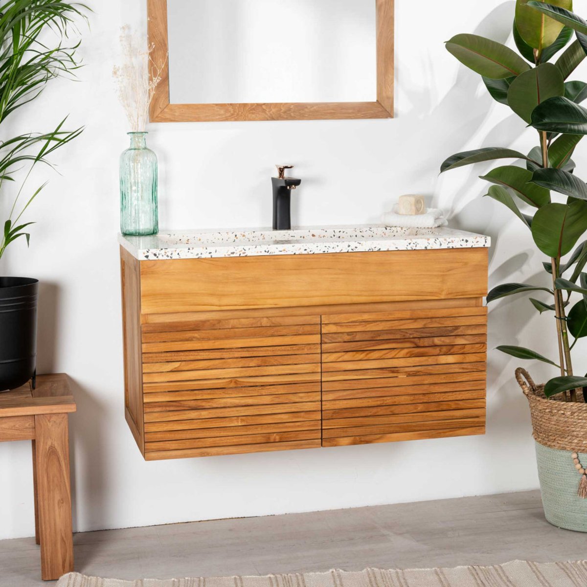 Meuble salle de bain en teck et terrazzo crème Aktual 90cm crème, WANDA COLLECTION