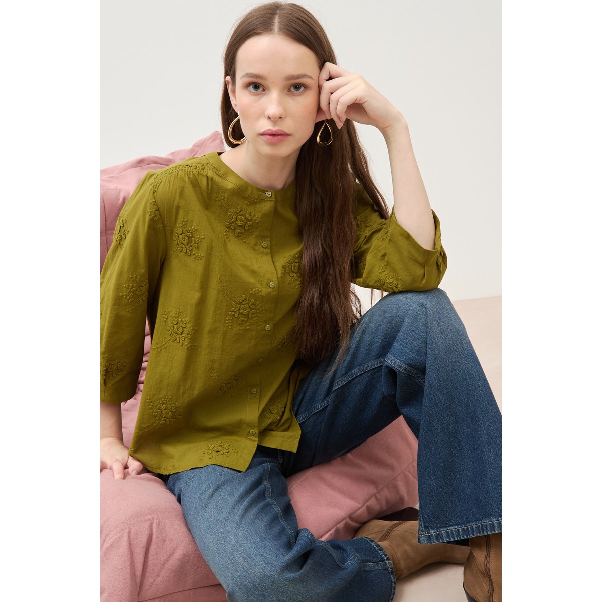 Chemise en coton manches 3/4 vert kaki, BONOBO