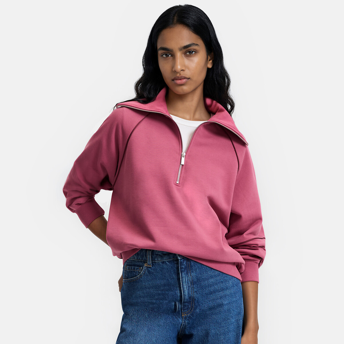 Loose Fitting Zip-Up Collar Sweatshirt with Contrasting Piping burgundy red, LA REDOUTE COLLECTIONS