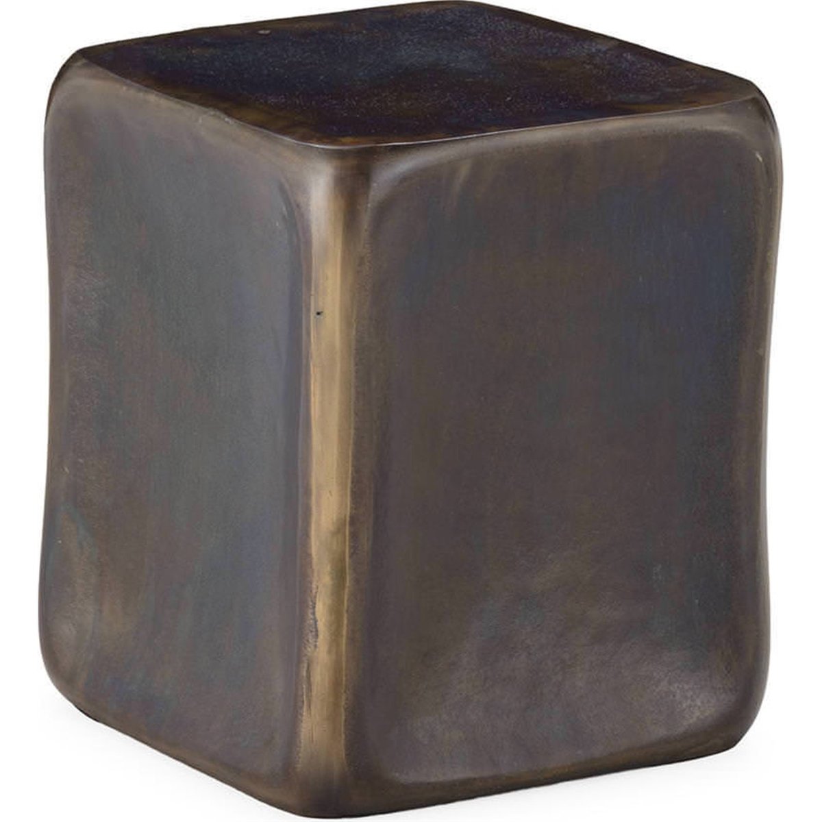 Tabouret cube en métal et laiton vieilli bleu cobalt antique et laiton vieilli, RECOLLECTION