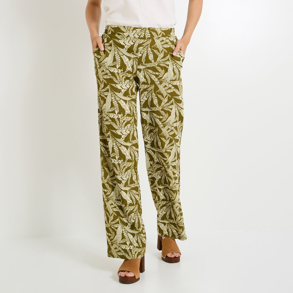 Pantalon imprimé mélange lin vert olive, GRAIN DE MALICE