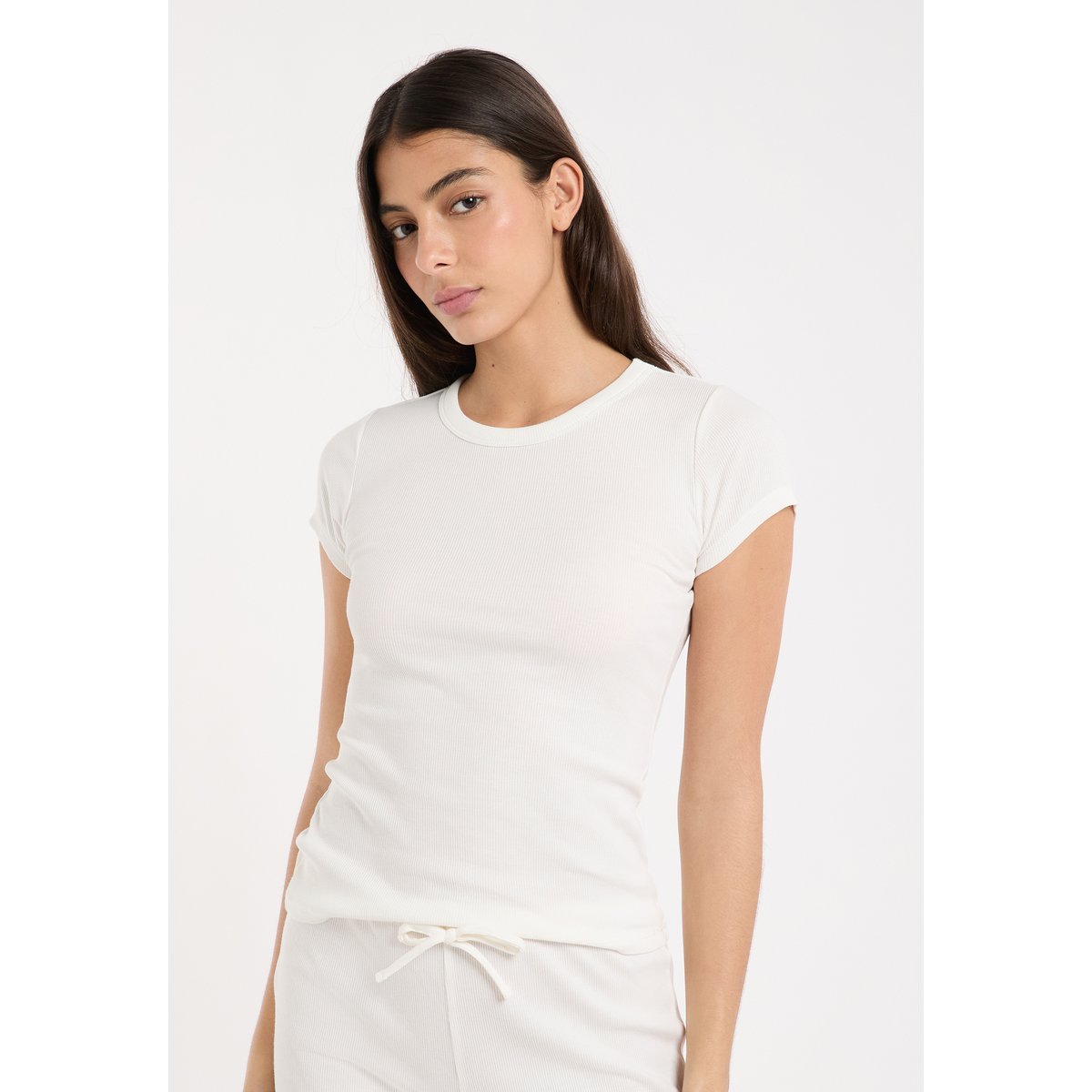 T-shirt de pyjama col rond avec coton côtelé JOANI blanc, ETAM