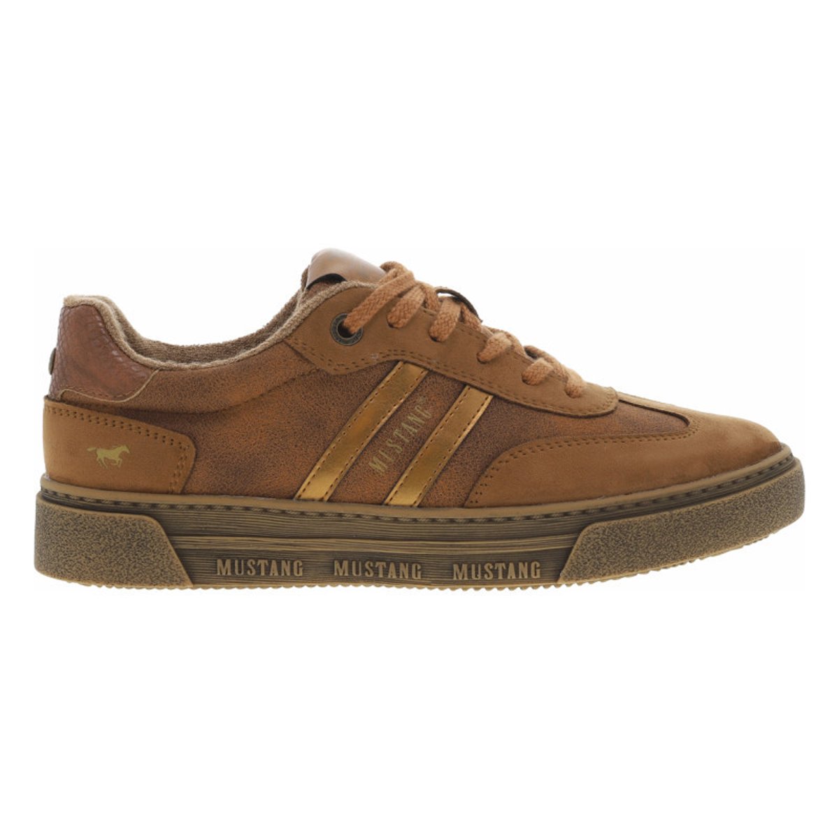 Tennis olive à talon plat avec des lacets et nom de la marque en doré brique, MUSTANG