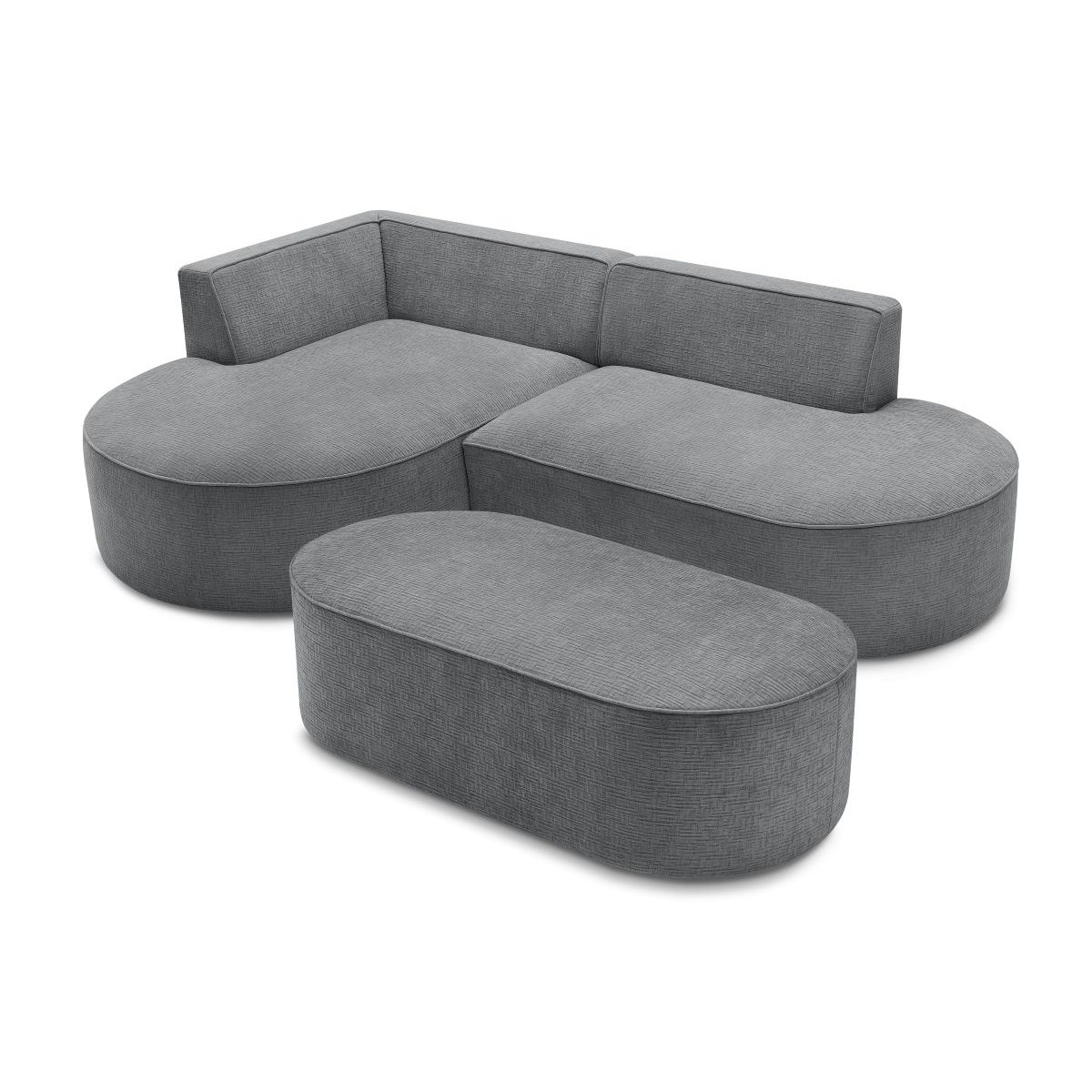 Canapé d'angle fixe 5 places en tissu texturé avec pouf, ROUSSEAU gris foncé, BOBOCHIC