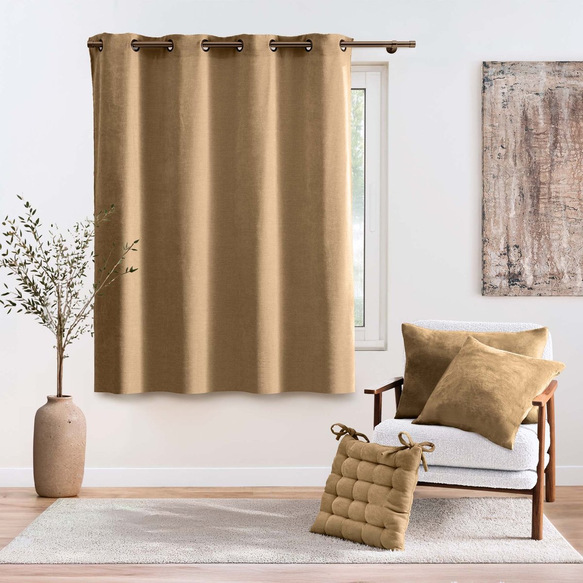 Rideau tamisant à œillets en velours chenille marron, DOUCEUR D'INTÉRIEUR