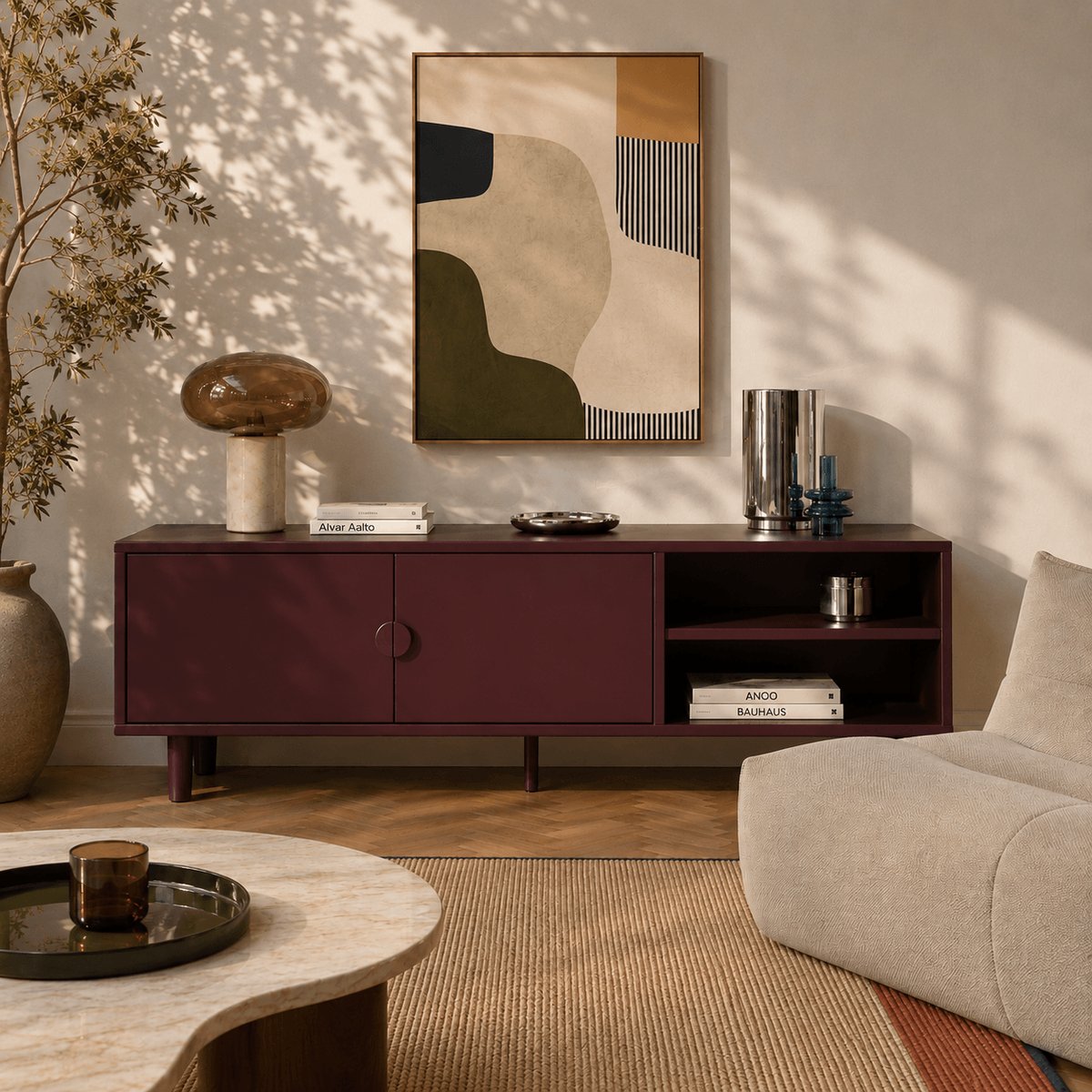 Meuble TV en acier 2 portes bordeaux, PANTONE