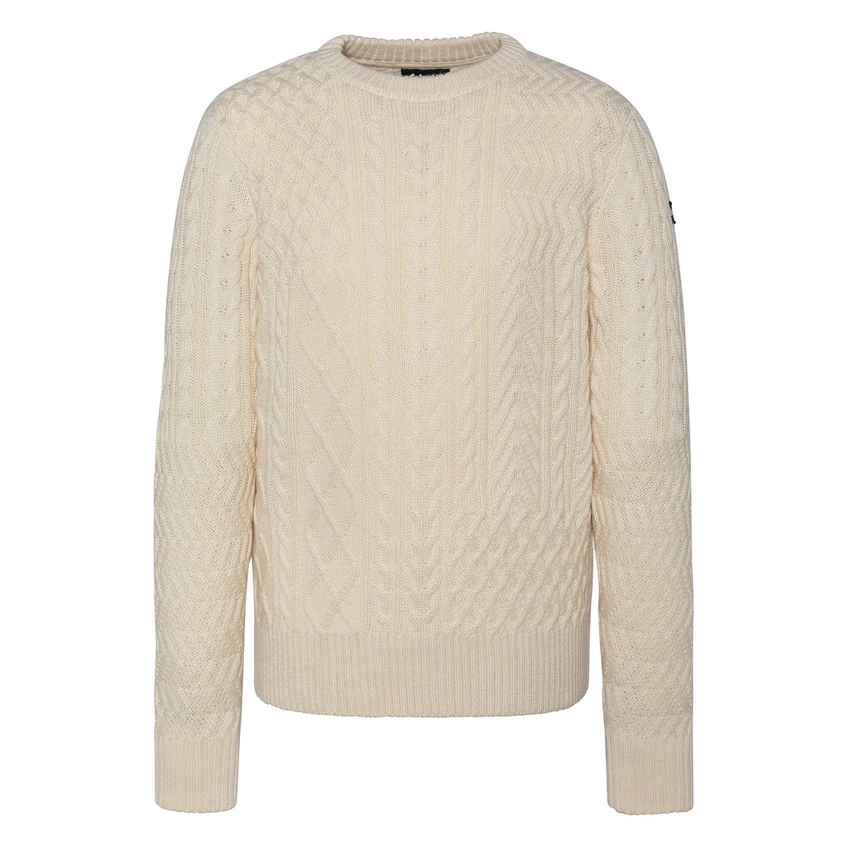 Pull col rond noir, maille torsadée blanc cassé, SCHOTT