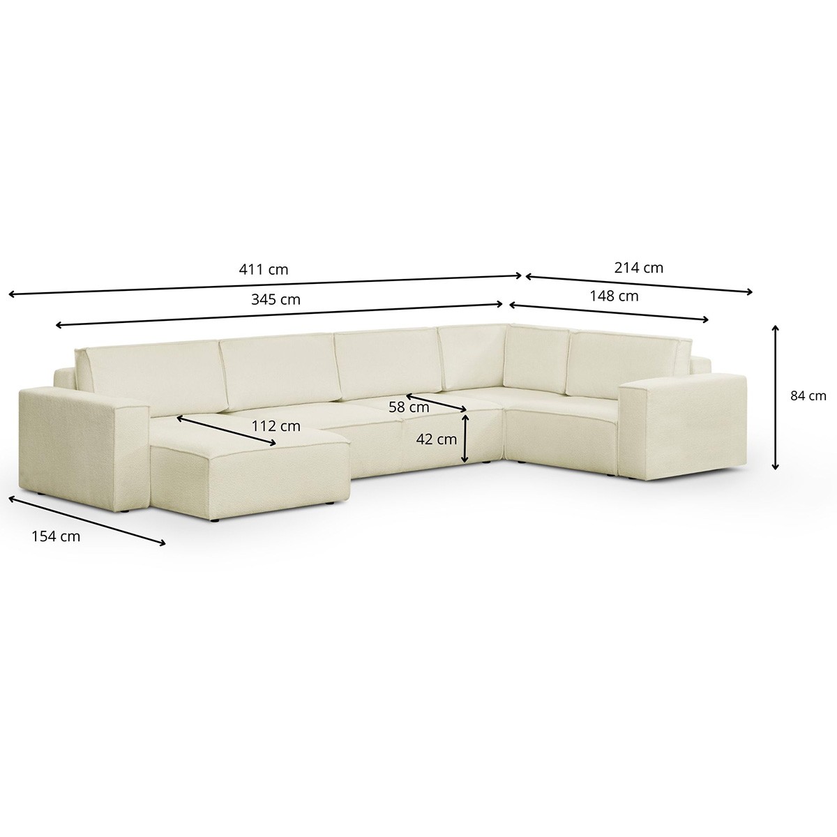 Canapé d'angle droit convertible 8 places en tissu bouclé - HARPER MOD ecru, HOMIFAB