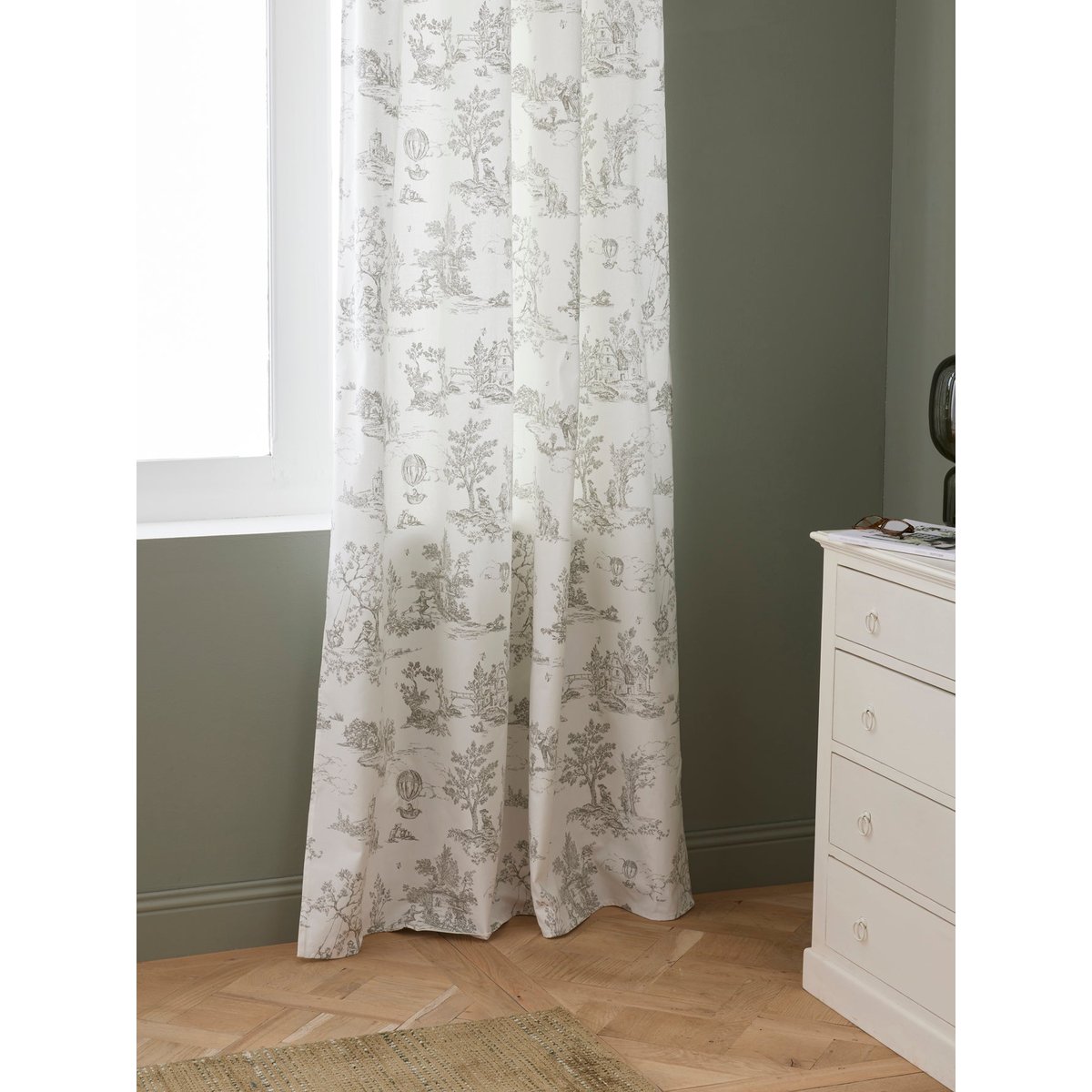 Rideau à ruflettes esprit toile de Jouy jouy taupe, CYRILLUS