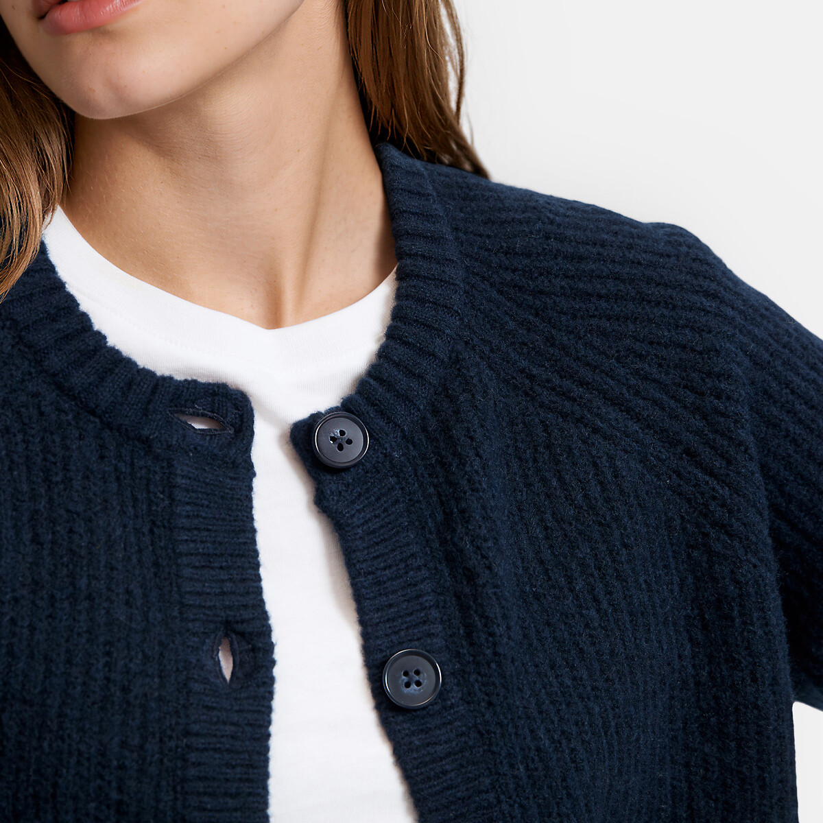 Cardigan col rond, en maille côtelée, avec détails au bas des manches bleu marine, LA REDOUTE COLLECTIONS
