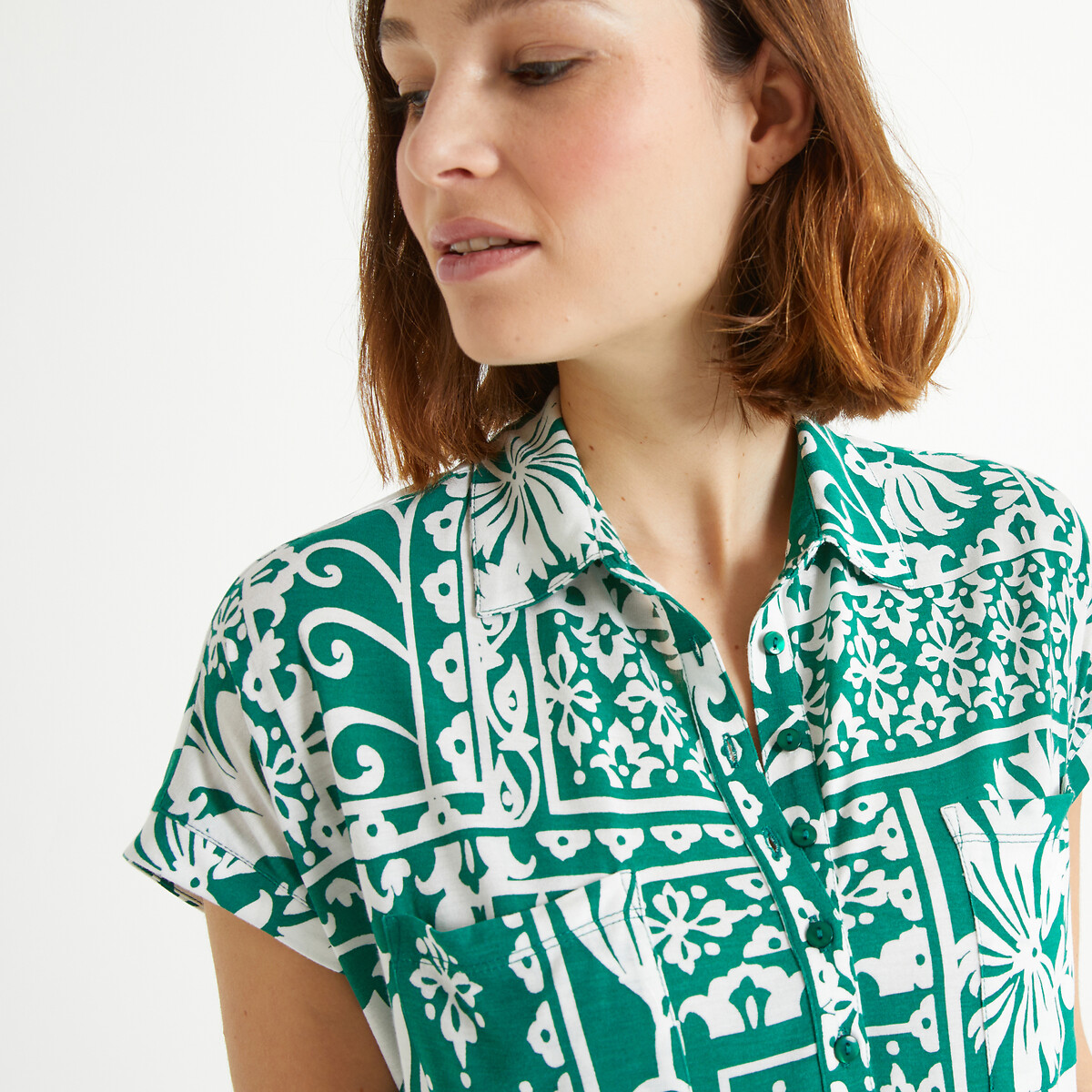 Printed Polo Shirt with Short Sleeves green print, ANNE WEYBURN
