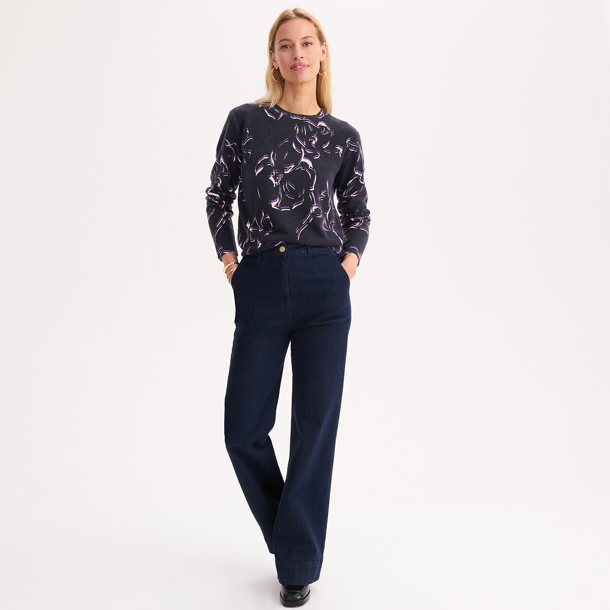 Floral Print Soft Fine Knit Crew Neck Jumper star print/navy background, ANNE WEYBURN