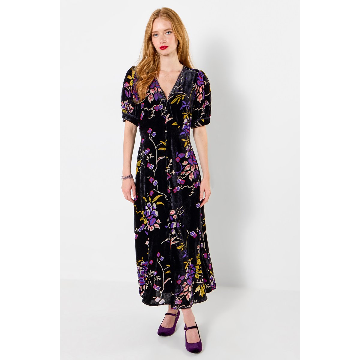 Ravissante Robe Boutonnée en Velours Dévoré noir, JOE BROWNS