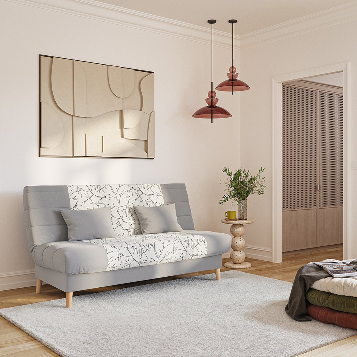 Banquette convertible SOHO clic clac, couchage 130 x 190 avec rangement intégré + 2 coussins OFFERTS, Beige à motifs beige à motifs, RELAXIMA