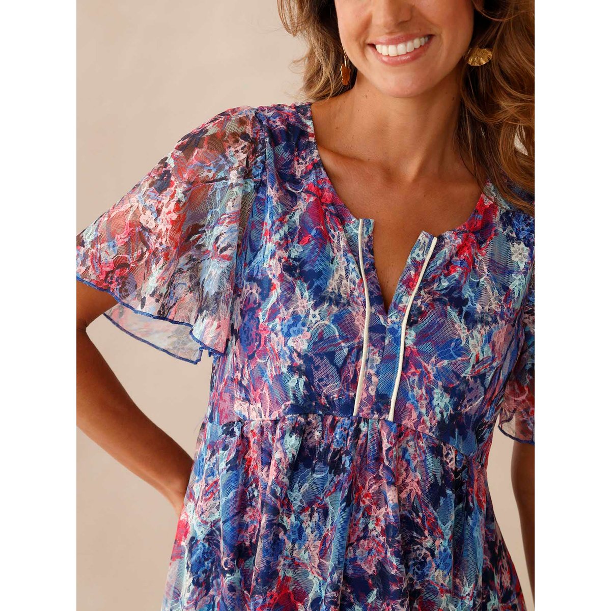 Robe dentelle manches volantées imprimé bleu, DAXON
