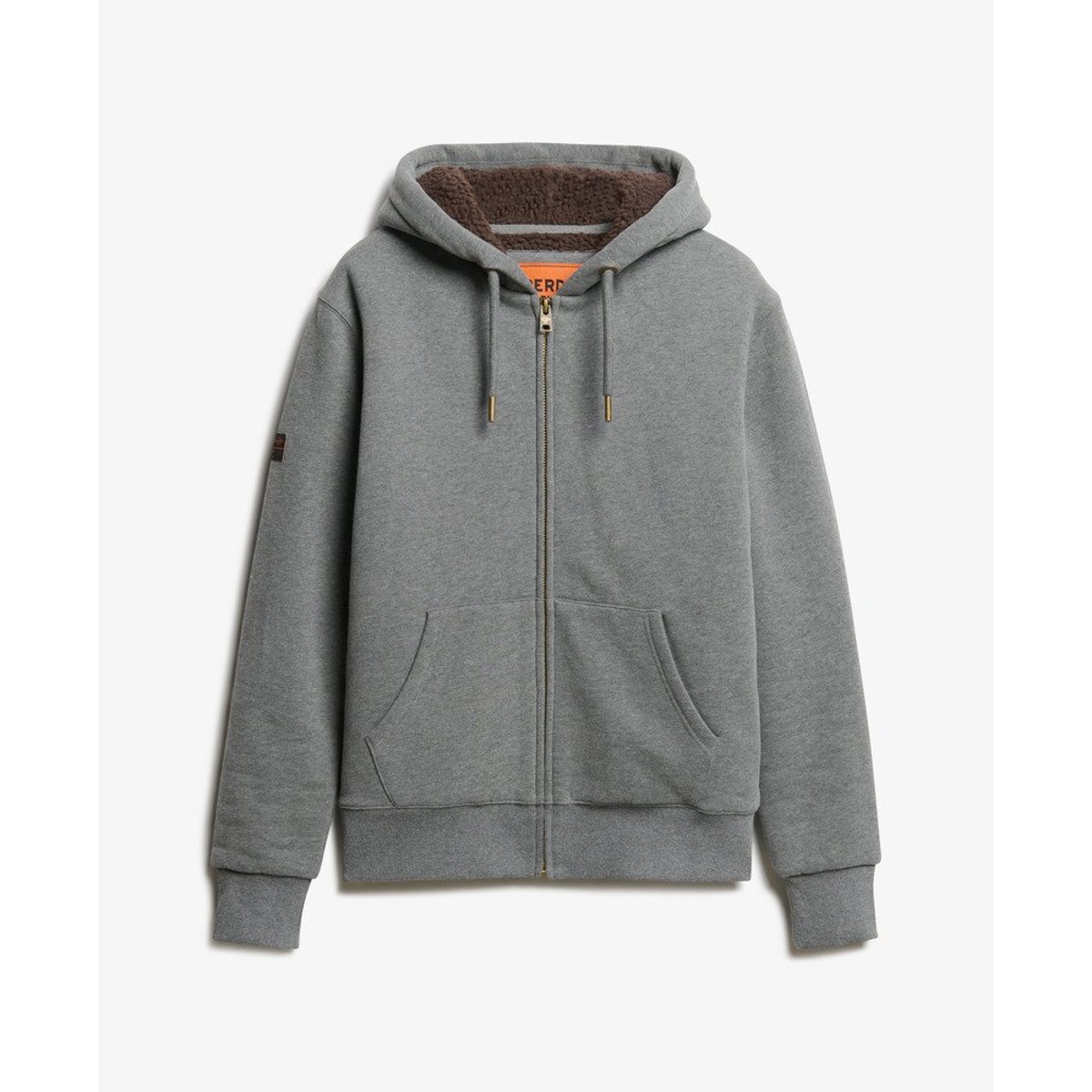 Sweat à capuche zippé et doublé en peau lainée gris anthracite chiné, SUPERDRY