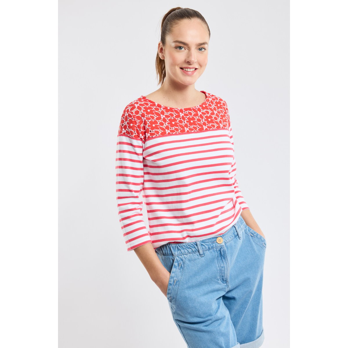 Marinière fleurie en coton blanc/airelle, ARMOR-LUX