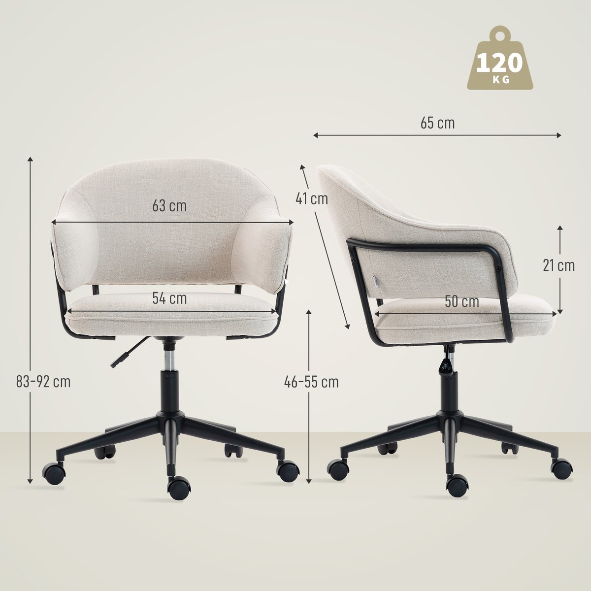 Chaise de bureau Lin (100% polyester) Blanc blanc crème, HOMCOM