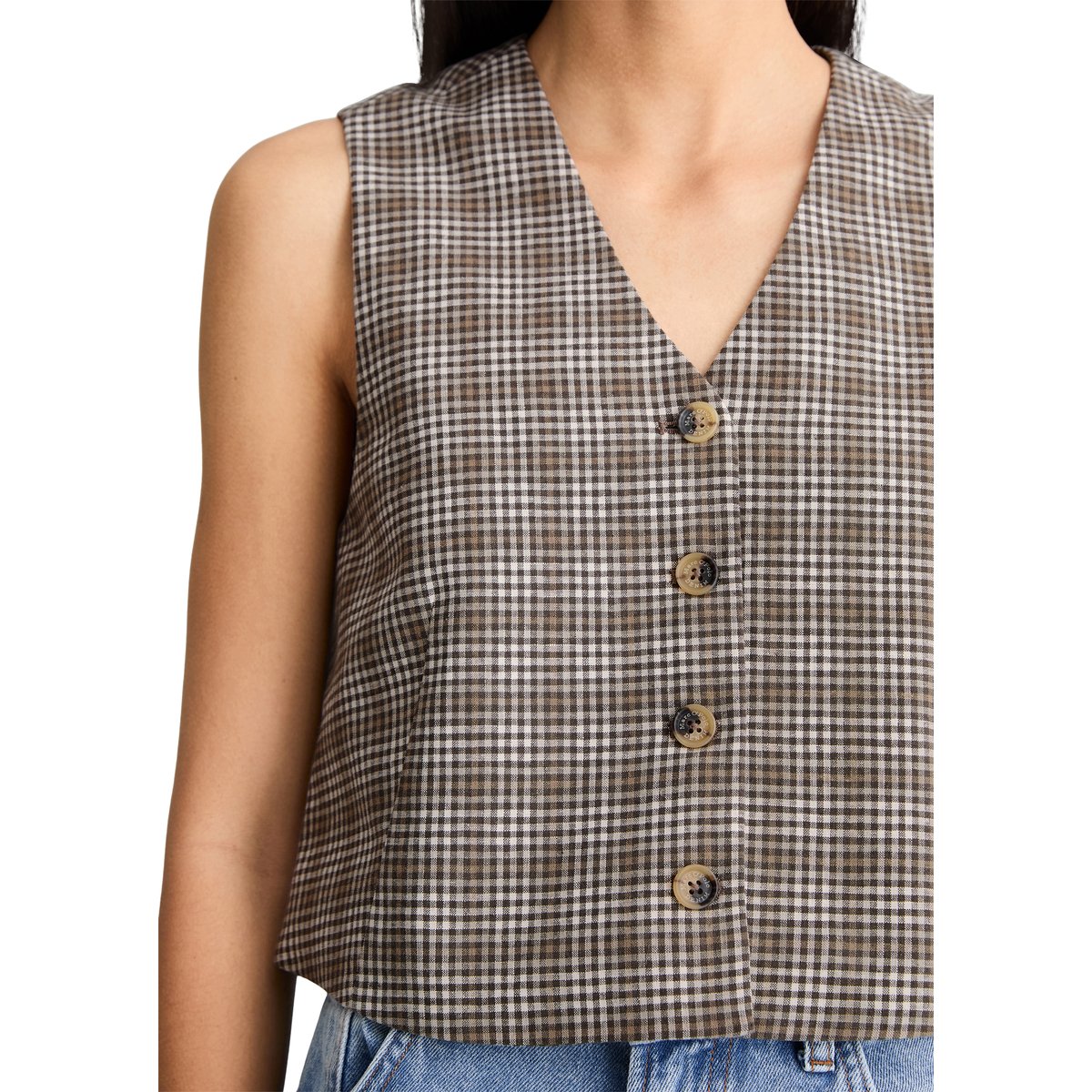 Gilet à carreaux regular en mélange coton organique-lin marron foncé, MARC O’POLO DENIM